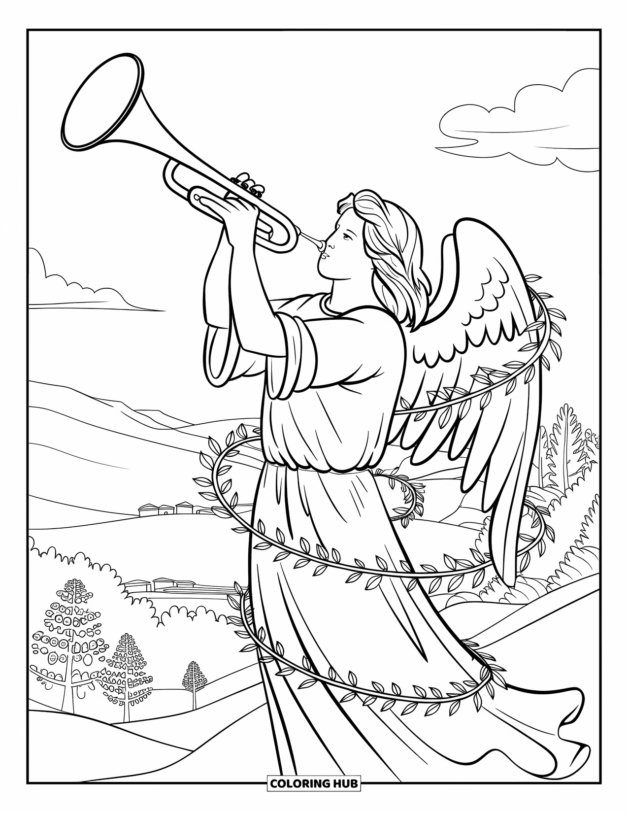 Christian Christmas Coloring Page for Adults: Gabriel plays a trumpet wrapped in vines beside a city under mountain skies