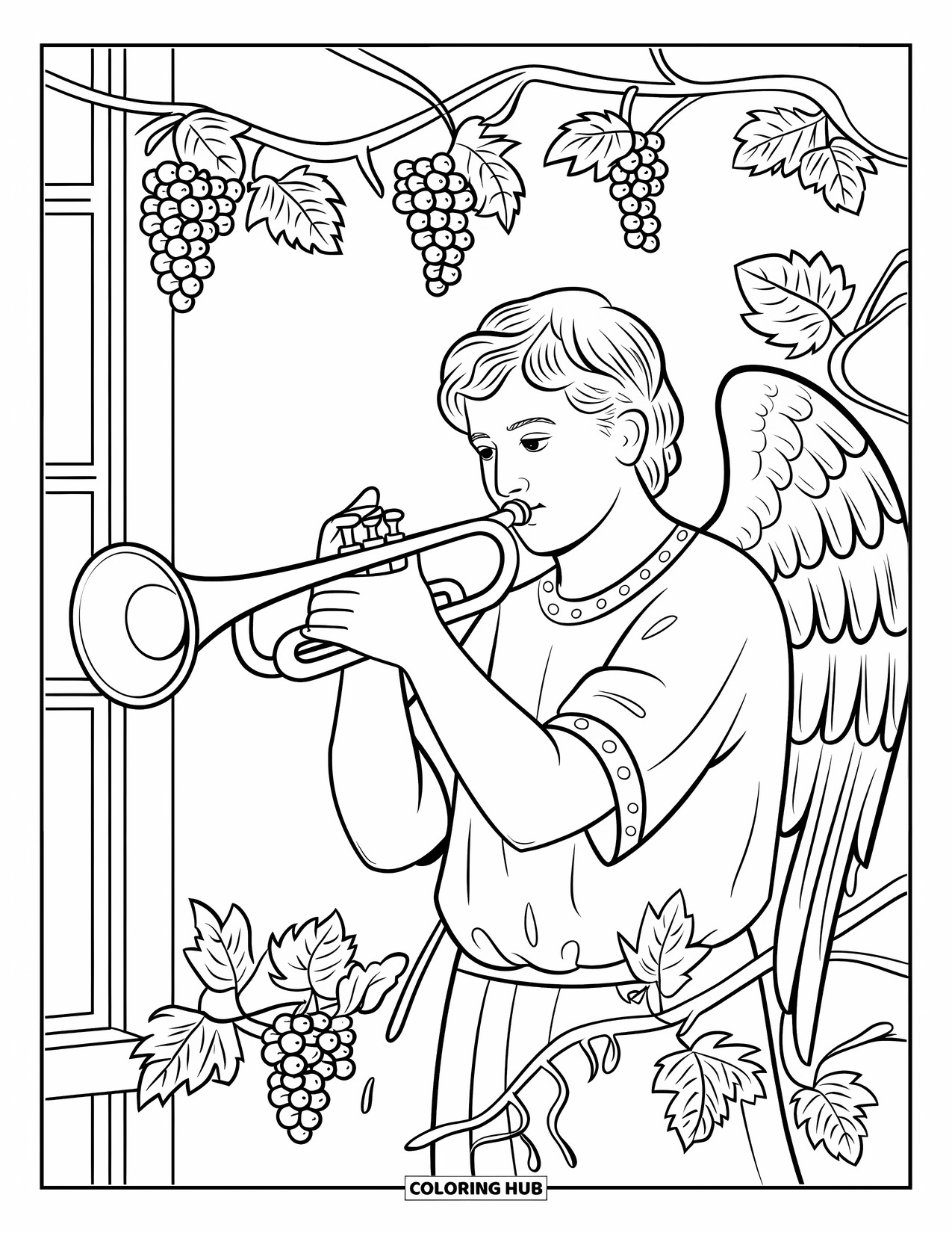 Christian Christmas Coloring Page for Adults: Gabriel stands with a trumpet and vine-covered wall behind a window