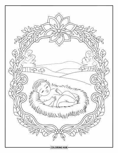 Coloriage de Noël chrétien pour adultes : Jésus dans une crèche est encadré par un mandala fleuri et une scène de collines apaisante