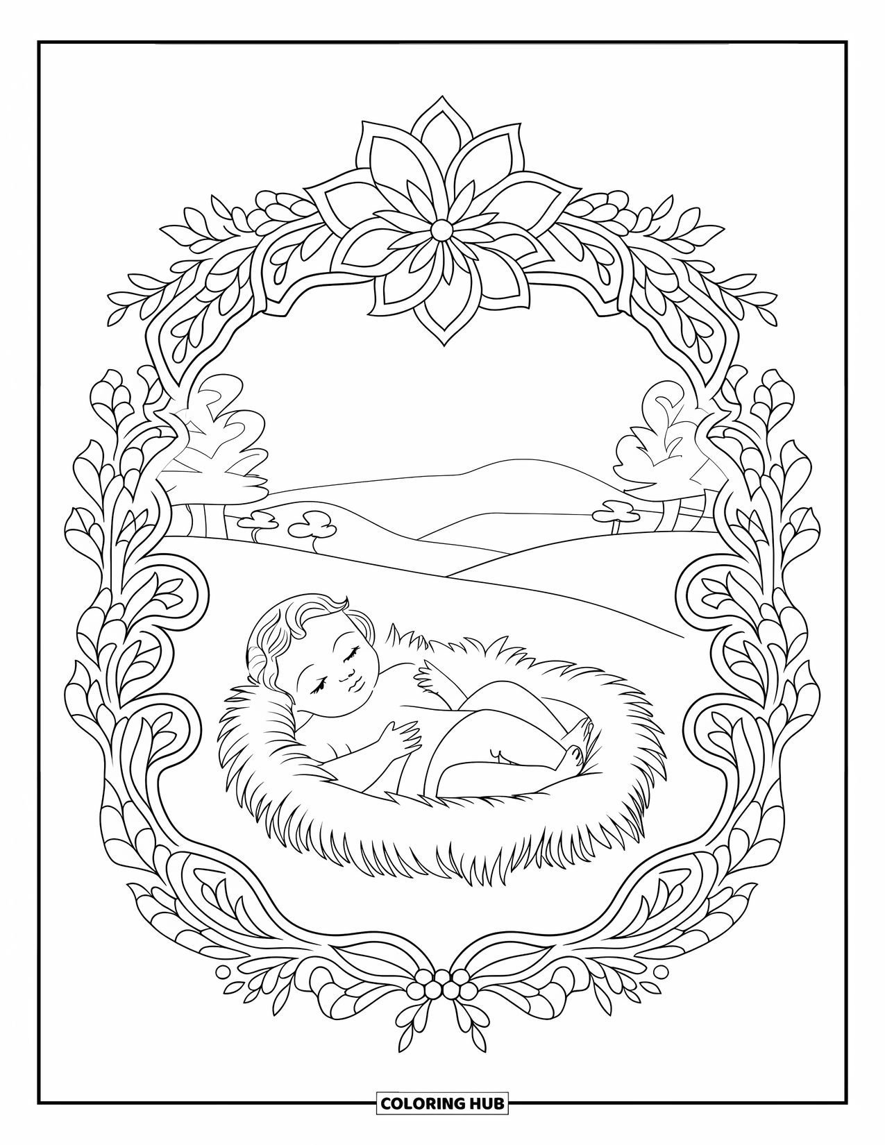 Christian Christmas Coloring Page for Adults: Jesus in a manger is framed by a floral mandala and peaceful hillside scene