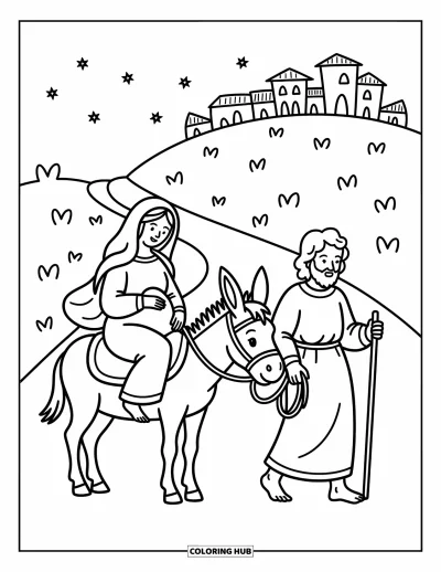 Coloriage de Noël chrétien pour adultes : Joseph guide un âne portant Marie sous un ciel serein parsemé d'étoiles et de douces collines