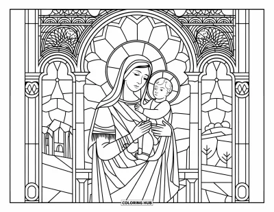 Coloriage de Noël chrétien pour adultes : Marie et Jésus sont encadrés par un vitrail avec un paysage paisible en arrière-plan