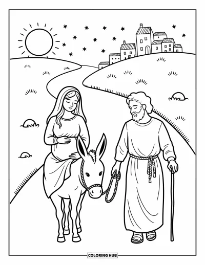 Coloriage de Noël chrétien pour adultes : Marie et Joseph cheminent sur une route paisible vers des lumières et des collines au loin