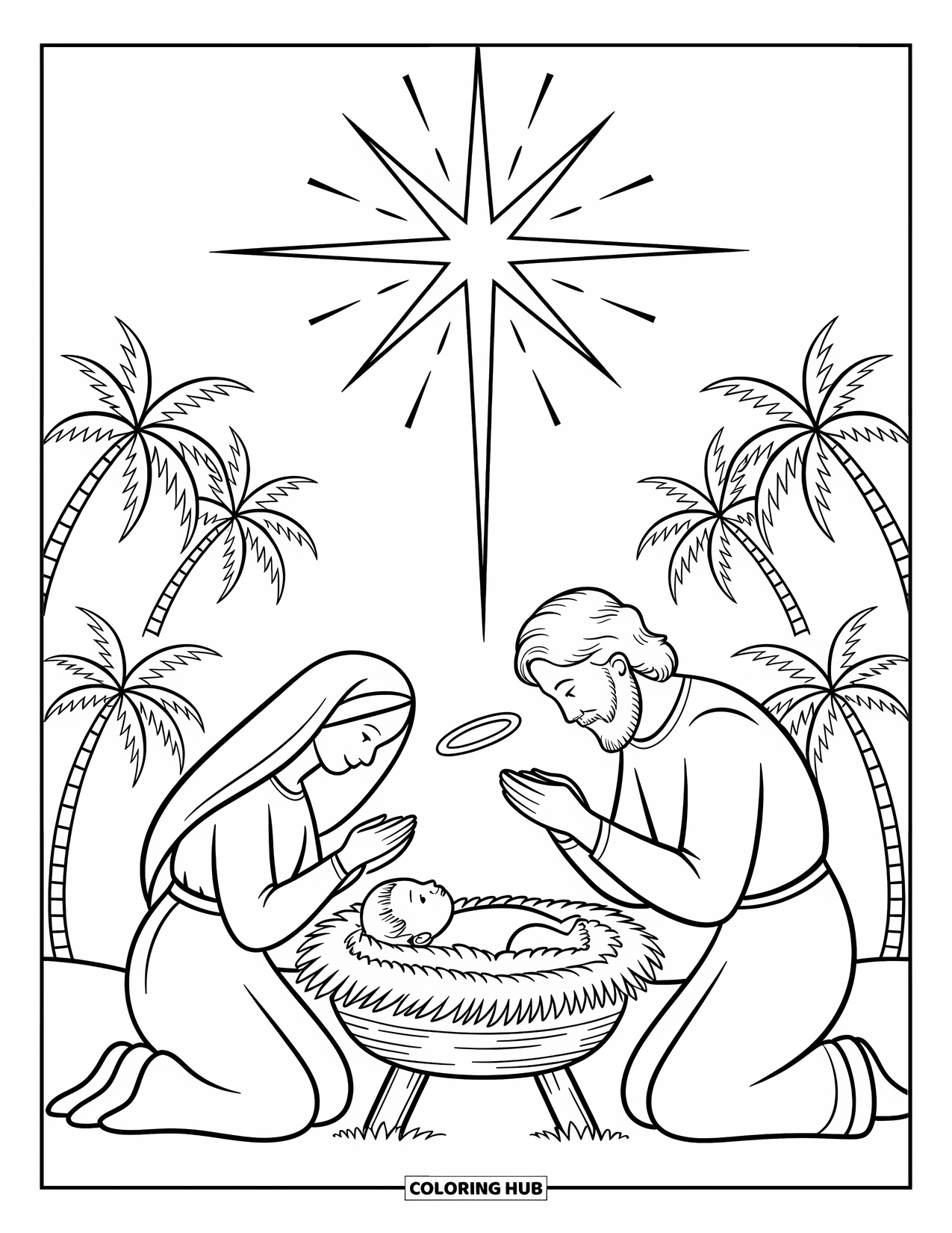 Christian Christmas Coloring Page for Adults: Mary and Joseph kneel beside baby Jesus under the Star of Bethlehem