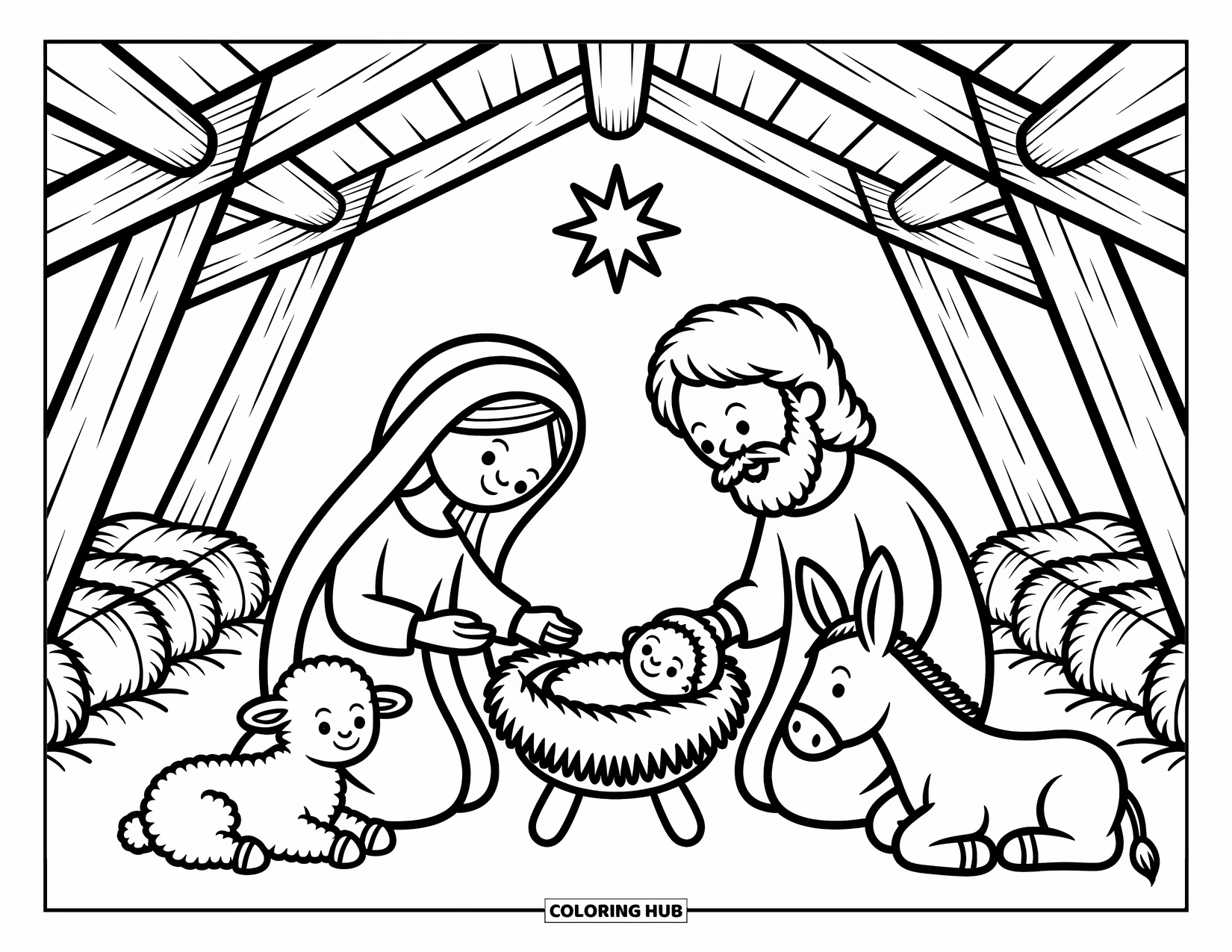 Christian Christmas Coloring Page for Adults: Mary and Joseph kneel by baby Jesus in a cozy stable with gentle animals