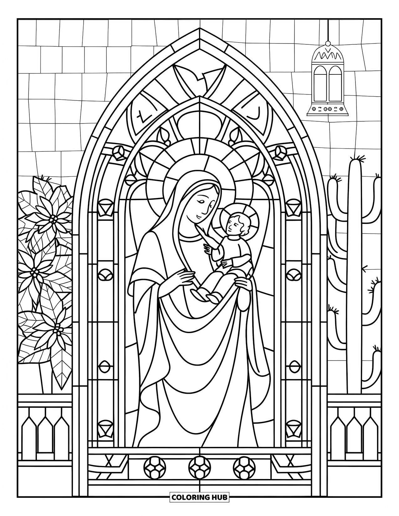 Christian Christmas Coloring Page for Adults: Mary holds Jesus in a church arch near a poinsettia, cactus, and lantern