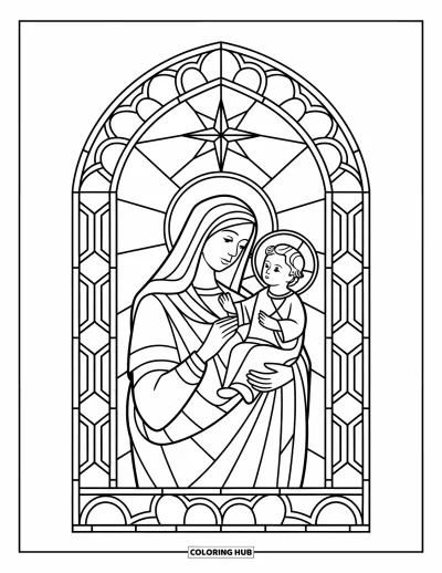 Coloriage de Noël chrétien pour adultes : Marie tient Jésus dans une arche de vitrail avec une étoile brillante au-dessus d'eux