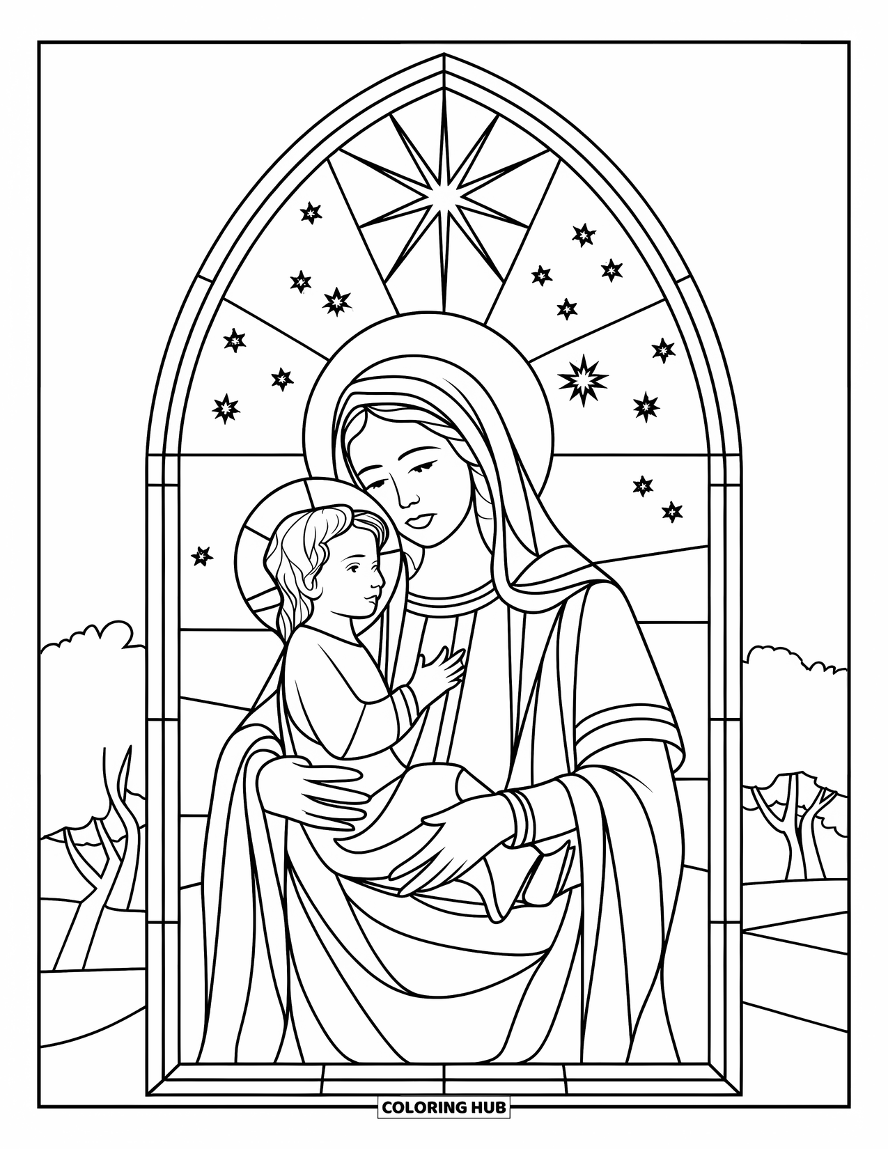 Christian Christmas Coloring Page for Adults: Mary holds Jesus under a star in a stained glass arch with trees behind