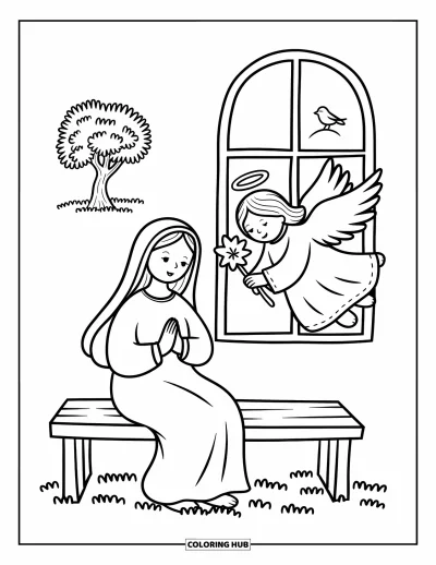 Coloriage de Noël chrétien pour adultes : Marie lève les yeux vers un ange tenant un lis, encadrés par un arbre et un oiseau