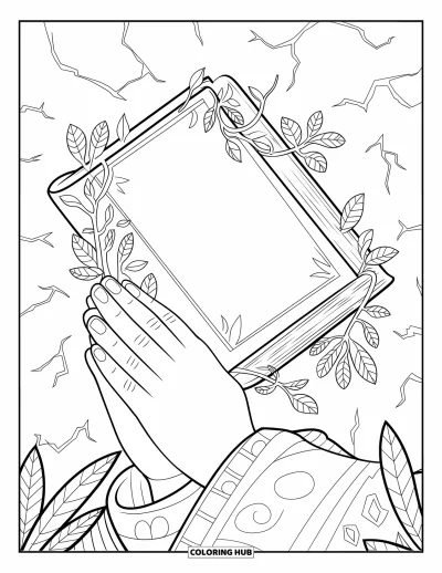 Coloriage de Noël chrétien pour adultes : Des mains jointes tiennent une Bible avec des vignes sur un mur fissuré aux détails soignés