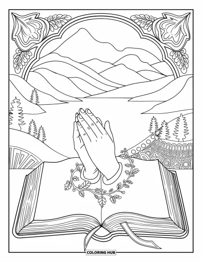 Coloriage de Noël chrétien pour adultes : Des mains jointes reposent sur une Bible ouverte avec des vignes et un paysage montagneux serein