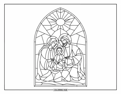 Coloriage de Noël chrétien pour adultes : La Sainte Famille apparaît dans un panneau de vitrail aux contours marqués dans un cadre d'église