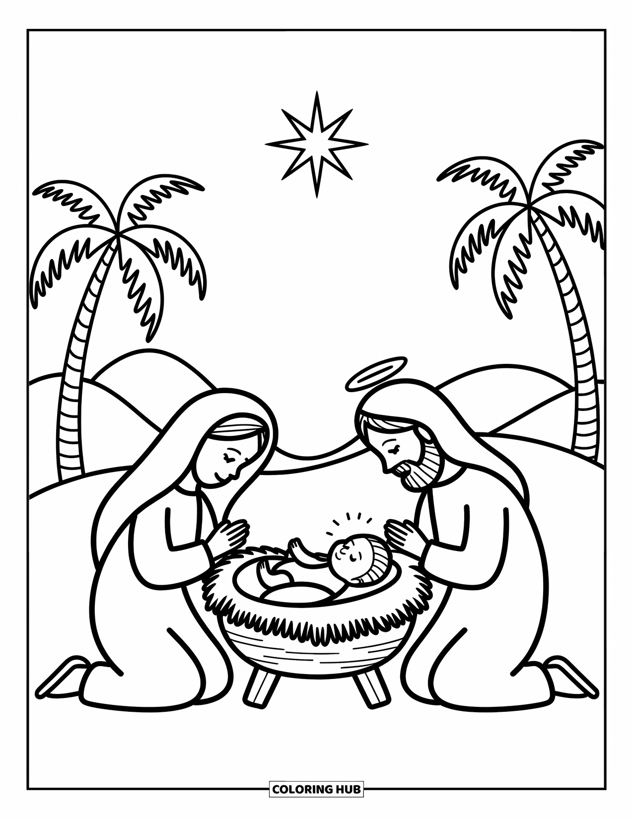 Christian Christmas Coloring Page for Adults: The Holy Family kneels by baby Jesus under a glowing star with palm trees around