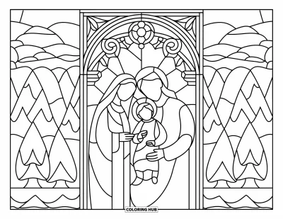 Coloriage de Noël chrétien pour adultes : La Sainte Famille apparaît dans un vitrail avec des arbres, des montagnes et une église paisible