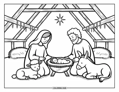 Coloriage de Noël chrétien pour adultes : La Sainte Famille se repose sereinement dans une étable rustique sous une douce étoile lumineuse