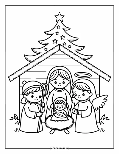 Coloriage de Noël chrétien pour adultes : Trois enfants jouent la Nativité près d'un sapin chaleureux et d'une simple étable