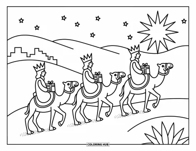 Coloriage de Noël chrétien pour adultes : Trois rois à dos de chameaux se dirigent vers Bethléem sous une étoile brillante et un panorama urbain paisible