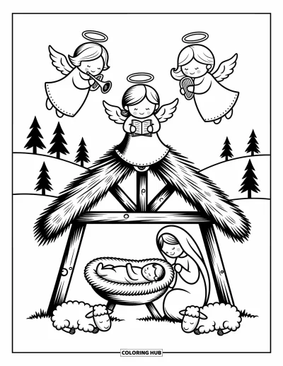 Coloriage de Noël chrétien pour adultes : Trois petits anges planent au-dessus d'une étable où l'enfant Jésus dort paisiblement