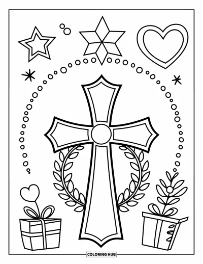Coloriage de Noël chrétien pour enfants : Une grande croix ornée d'une couronne et d'un cœur se détache sur un fond blanc