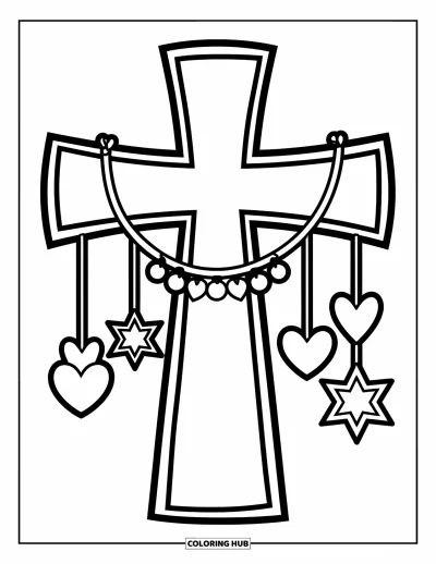 Coloriage de Noël chrétien pour enfants : Une croix ornée d'étoiles et de cercles s'inscrit dans un joyeux décor de Noël festif