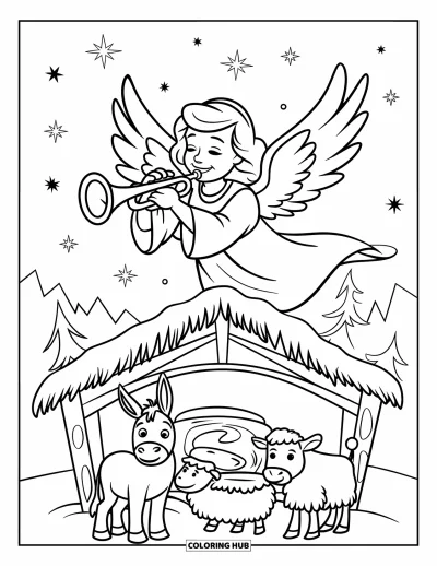 Coloriage de Noël chrétien pour enfants : Un ange joyeux joue de la trompette au-dessus d'une étable enneigée remplie d'animaux