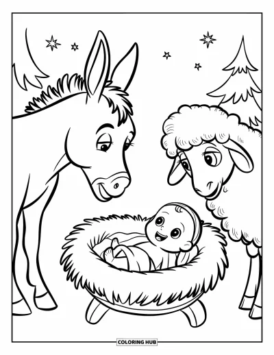 Coloriage de Noël chrétien pour enfants : Un âne et des moutons observent le petit Jésus en style chibi sous un ciel étoilé