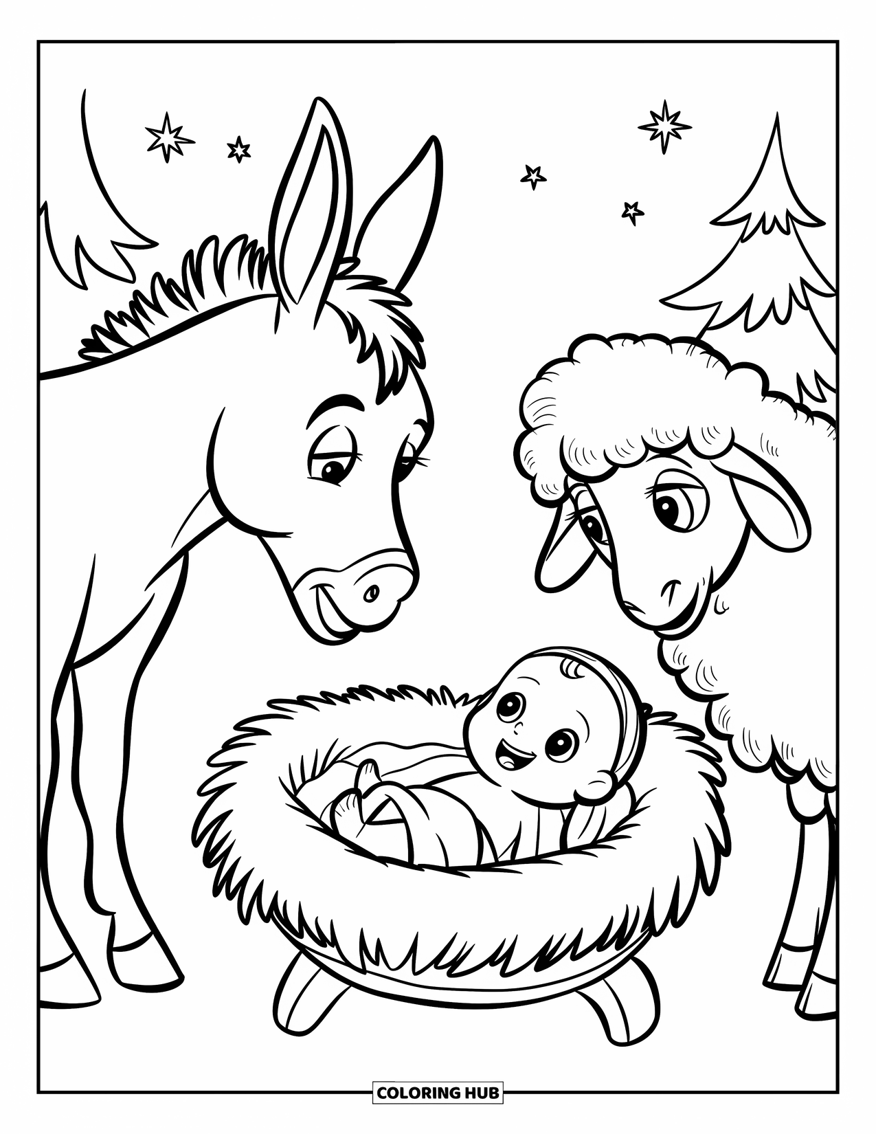 Christian Christmas Coloring Page for Kids: A donkey and sheep watch chibi baby Jesus under a twinkling starry sky