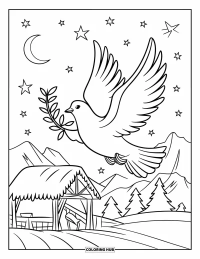Coloriage de Noël chrétien pour enfants : Une colombe porte un rameau d'olivier au-dessus d'une étable et de sommets enneigés