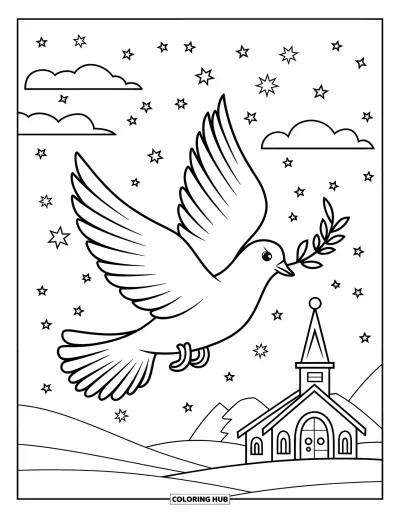 Coloriage de Noël chrétien pour enfants : Une colombe vole avec un rameau au-dessus d'une église sous des étoiles et un ciel enneigé