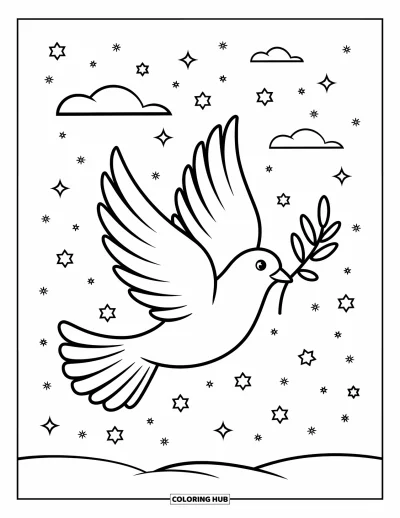 Coloriage de Noël chrétien pour enfants : Une colombe portant un rameau d'olivier s'élève dans un ciel de Noël enneigé parsemé d'étoiles