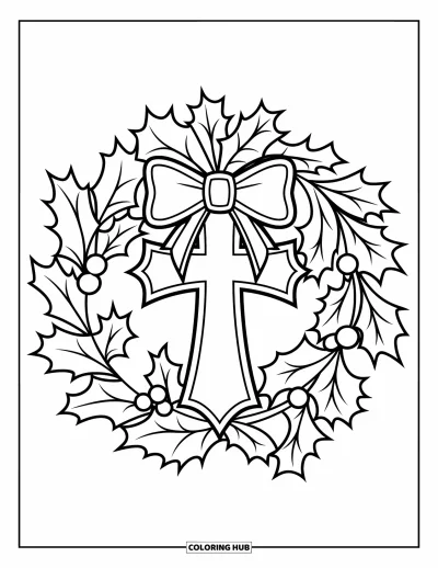 Coloriage de Noël chrétien pour enfants : Une couronne festive ornée d'une croix et d'un ruban est suspendue dans un décor de Noël serein