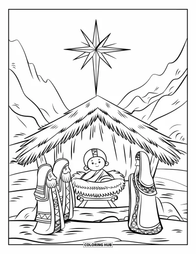 Coloriage de Noël chrétien pour enfants : Une étoile brillante illumine l'enfant Jésus et les rois mages dans une joyeuse crèche de Noël