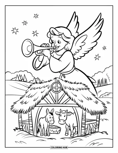 Coloriage de Noël chrétien pour enfants : Un ange joyeux joue de la trompette au-dessus d'une étable avec des étoiles qui brillent