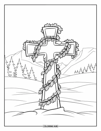 Coloriage de Noël chrétien pour enfants : Une croix couverte de houx se dresse sur une colline enneigée avec de paisibles montagnes au loin