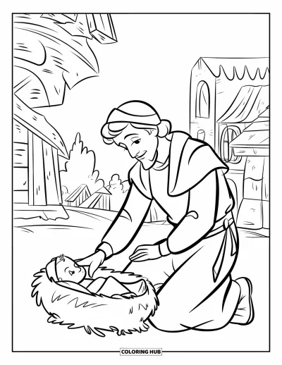 Coloriage de Noël chrétien pour enfants : Un berger humble s'agenouille devant la crèche dans une scène de village paisible