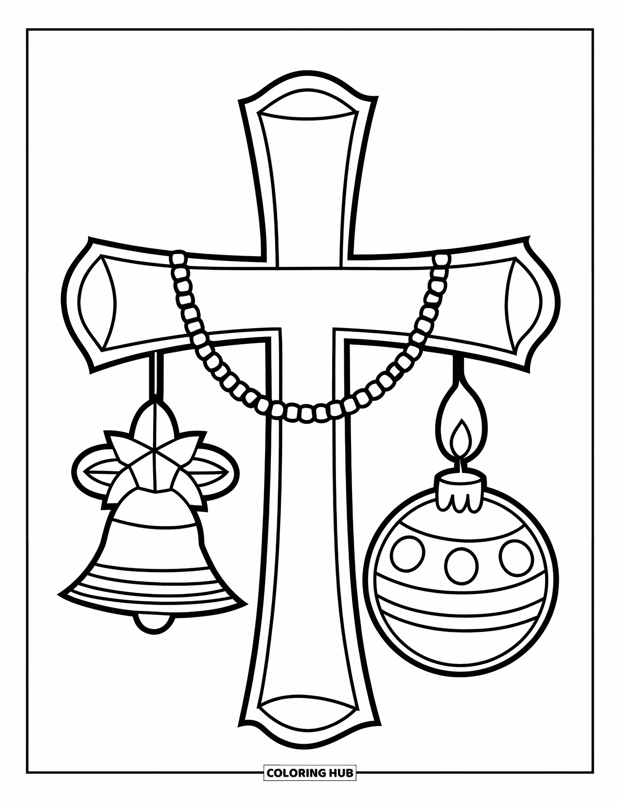 Christian Christmas Coloring Page for Kids: A large cross has simple Christmas decorations like bells, candles, and stars hanging from it