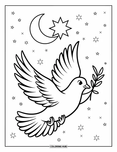 Coloriage de Noël chrétien pour enfants : Une grande colombe plane sous des étoiles et un croissant de lune dans un ciel de Noël