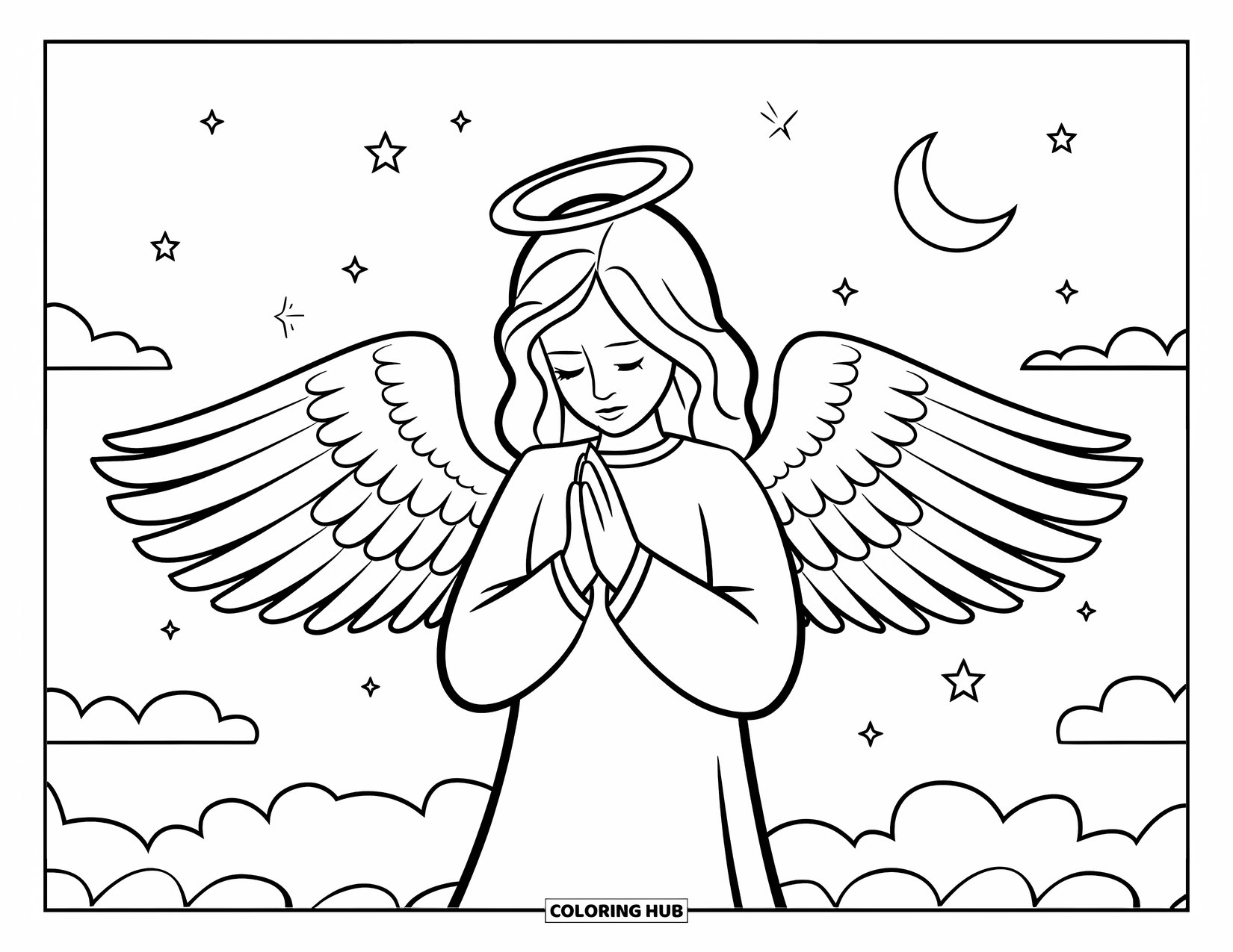 Christian Christmas Coloring Page for Kids: A peaceful angel prays in the sky surrounded by clouds, stars, and the crescent moon