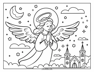 Coloriage de Noël chrétien pour enfants : Un ange en prière avec un halo plane dans un ciel étoilé au-dessus d'une église