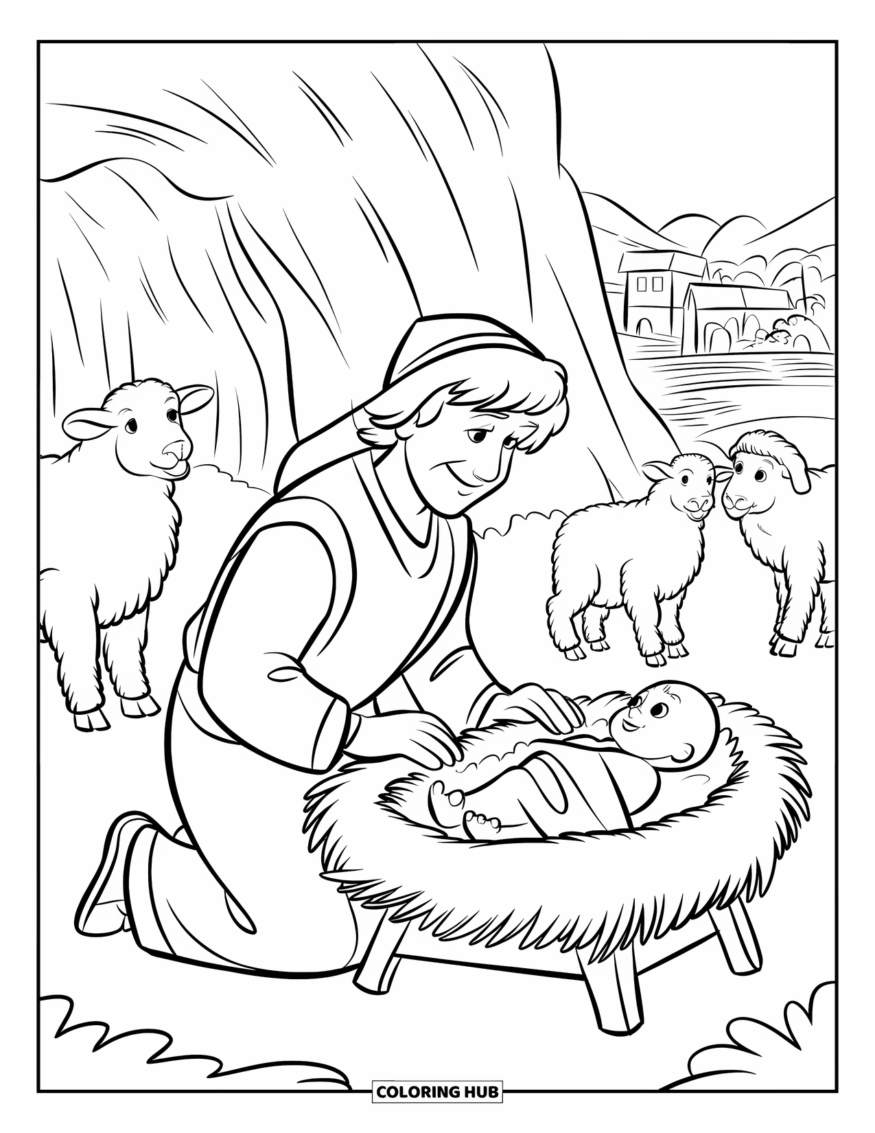 Christian Christmas Coloring Page for Kids: A shepherd kneels near a baby wrapped in cloth with sheep and a distant town