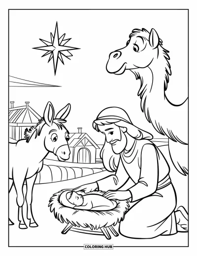 Coloriage de Noël chrétien pour enfants : Un berger s'agenouille près de l'enfant Jésus tandis qu'une étoile brille au-dessus d'un village paisible