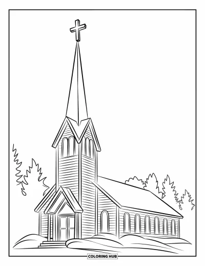 Coloriage de Noël chrétien pour enfants : Une église couverte de neige arbore une croix sur son clocher avec des arbres alentour