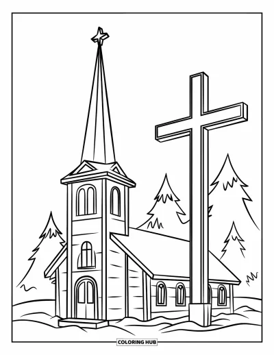 Coloriage de Noël chrétien pour enfants : Une église enneigée se dresse avec un clocher surmonté d'une croix chrétienne lumineuse