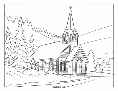 Coloriage de Noël chrétien pour enfants : Une église enneigée avec un grand clocher se repose au pied des montagnes parmi des arbres hivernaux