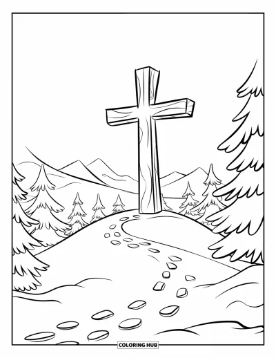 Coloriage de Noël chrétien pour enfants : Une croix en bois se dresse fièrement sur une colline enneigée avec des montagnes en arrière-plan