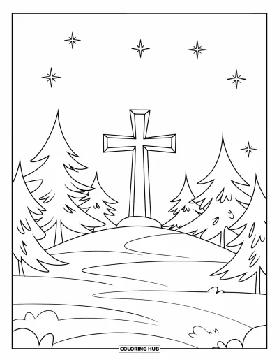 Coloriage de Noël chrétien pour enfants : Une croix en bois se dresse sur une colline enneigée entourée de pins