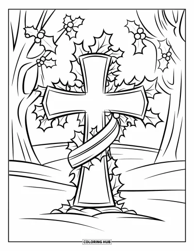 Coloriage de Noël chrétien pour enfants : Une croix en bois enroulée de houx se dresse sur un sol enneigé avec des arbres en arrière-plan