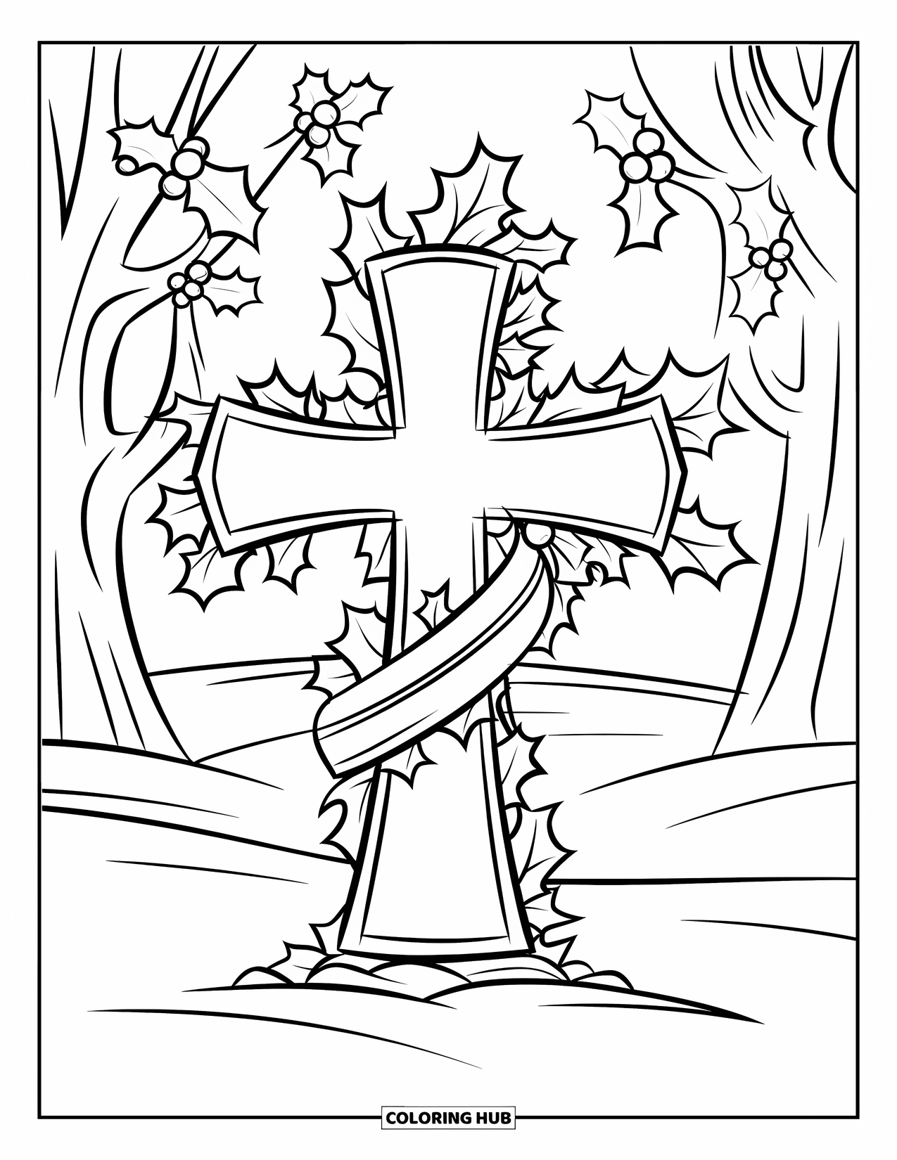 Christian Christmas Coloring Page for Kids: A wooden cross wrapped in holly stands on snowy ground with trees in the background