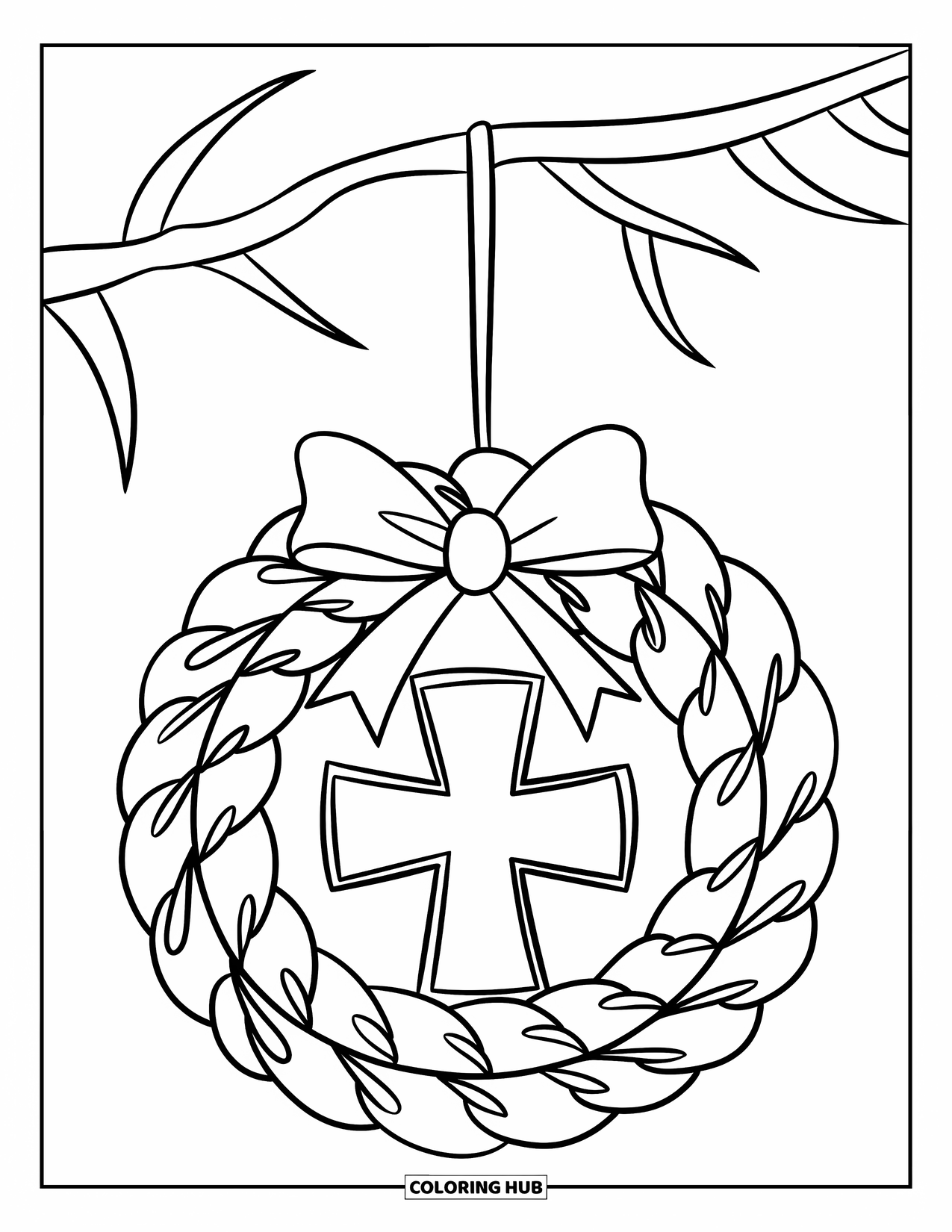 Christian Christmas Coloring Page for Kids: A wreath with a bow and cross hangs from a snowy tree branch