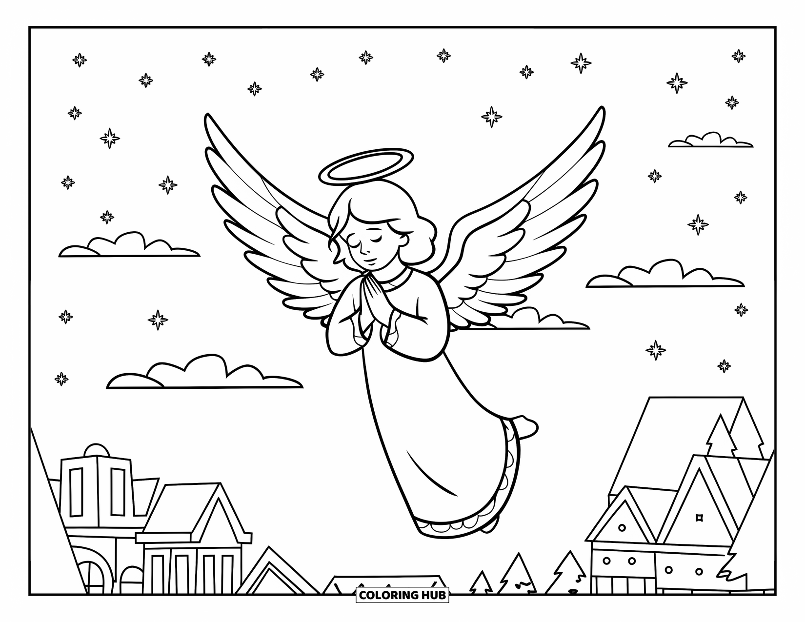 Christian Christmas Coloring Page for Kids: An angel floats above a quiet town, praying under stars and fluffy clouds